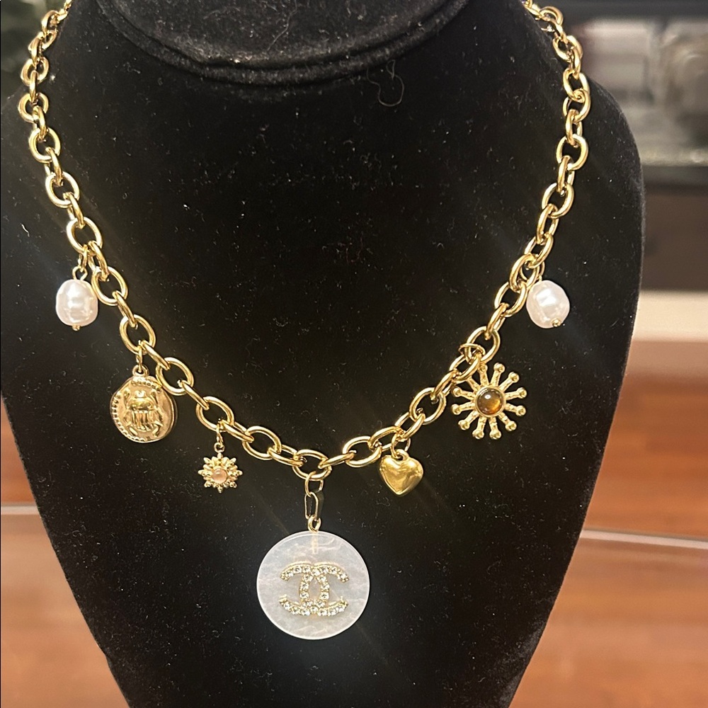 Gold Toned Chanel Charm Necklace with Mother-of-Pearl Coin Charm - Picture 4 of 6